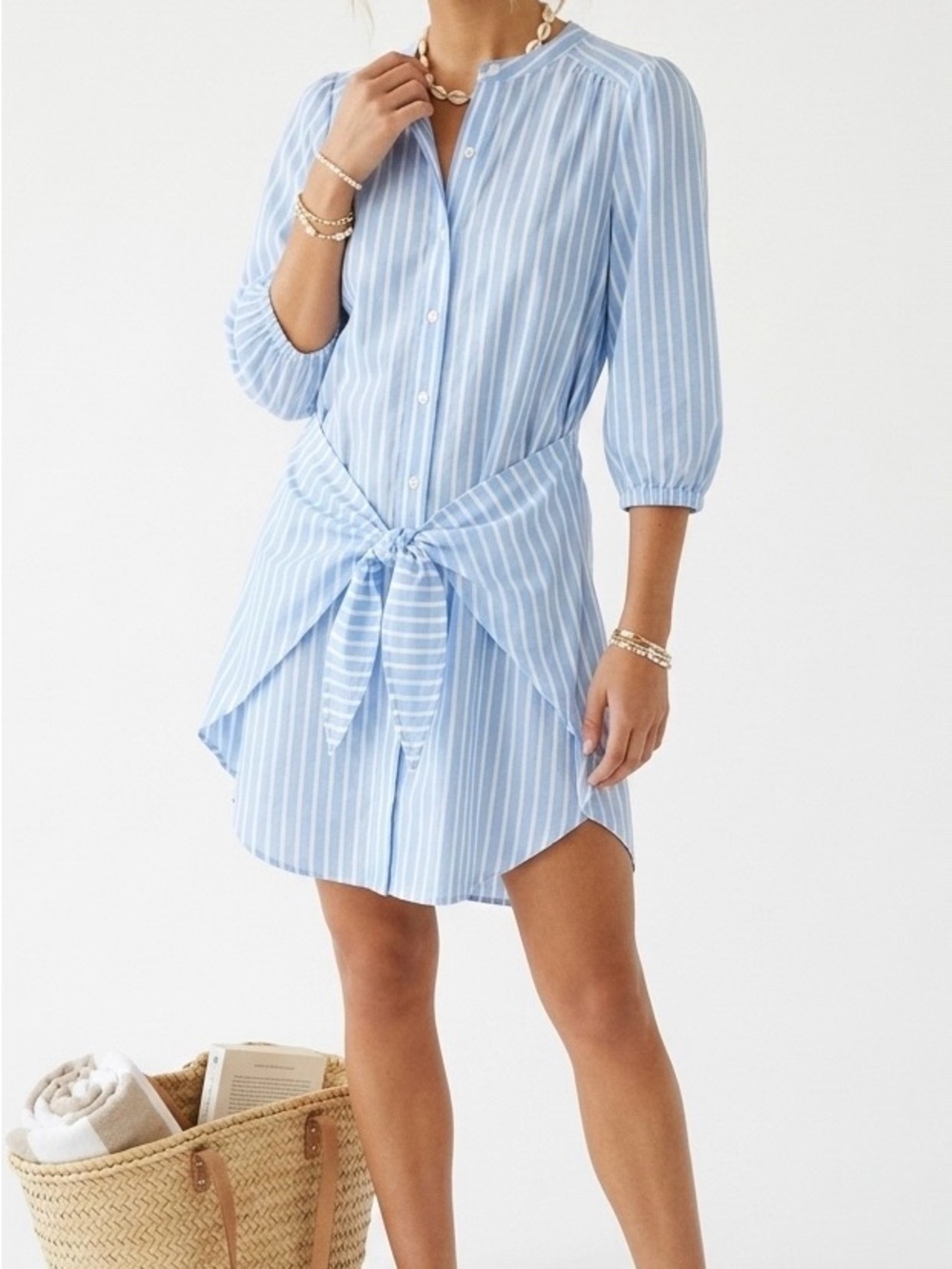 Evereve Blue White Striped Tie Waist Shirt Dress XS EUC